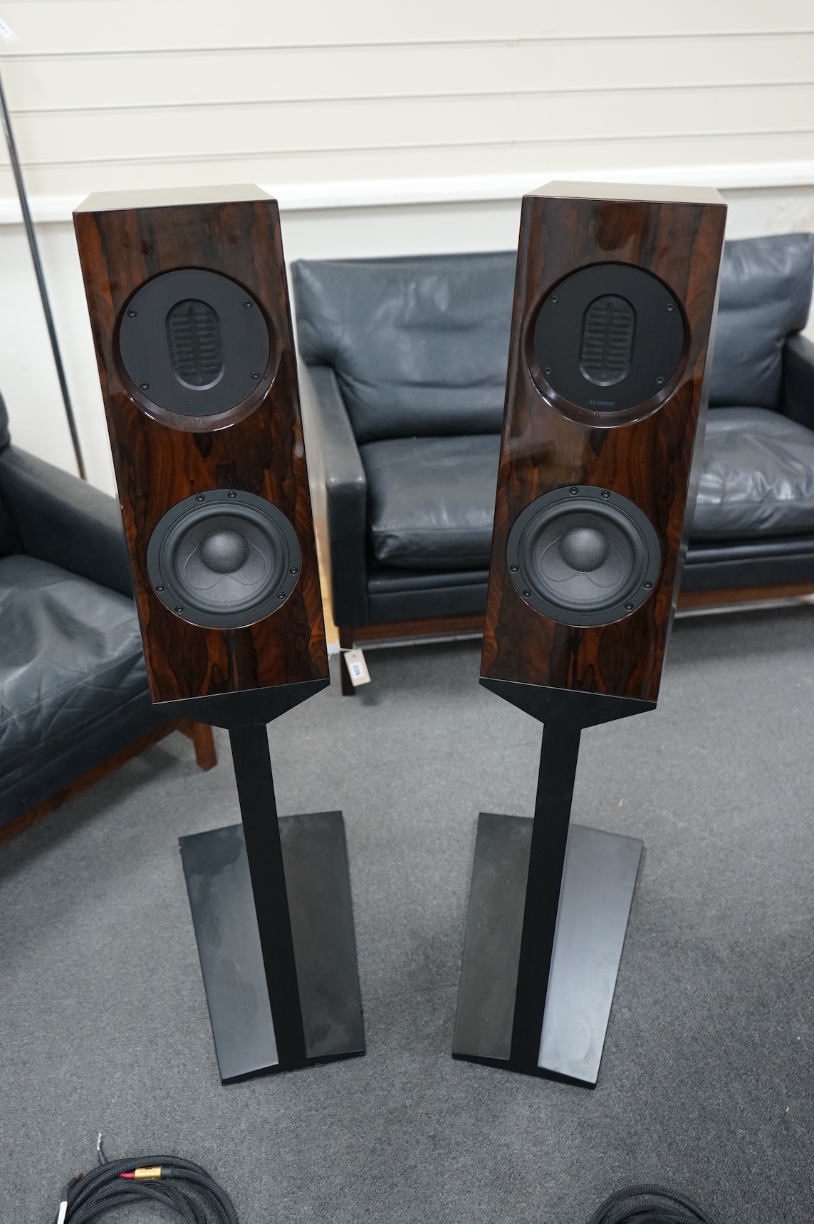 A pair of Kaiser Acoustics Kawero Chiara loudspeakers, made in Germany, high density plywood cabinets and integrated stands, with the fronts in the rosewood finish, 116cm high, the base; 30cm x 47cm, together with two fl